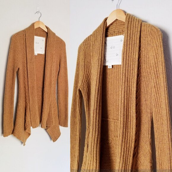 Anthropologie Canary Knitting Needle Cardigan S Open Front Wool Blend Mustard - Picture 8 of 15